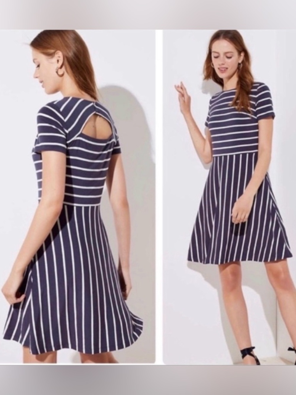 Loft Gray and White Striped Short Sleeve Fit-and-Flare Dress NWT